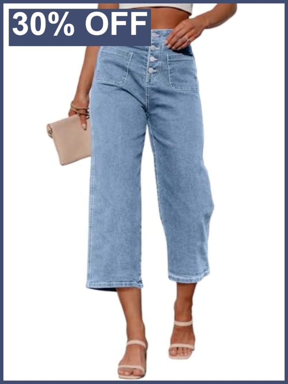 High Waist Wide Leg Capri Jeans Stretch Cotton
